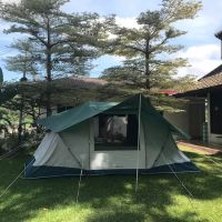 Ready set up tent in the gated garden, private property ico